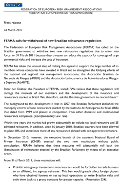 FERMA calls for withdrawal of new Brazilian reinsurance regulations
