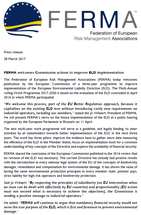 FERMA Press release ELD Commission Action Plan 2017-2020